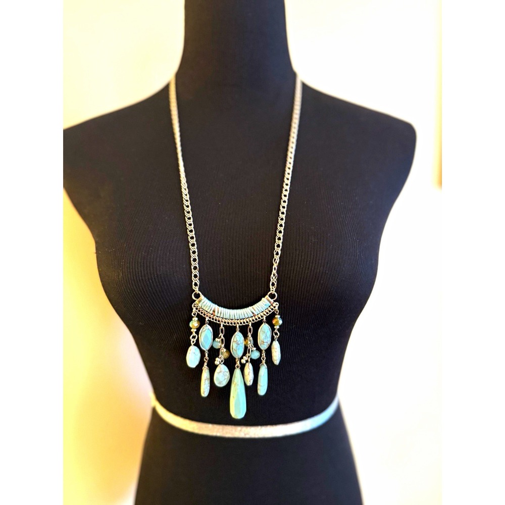 Premier Design Turquoise Teardrop Fringe Necklace Silver Tone Curb Chain Lobster